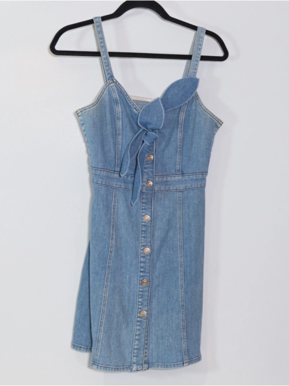 Denim Button-Front Sundress with Tie Detail - Light Blue